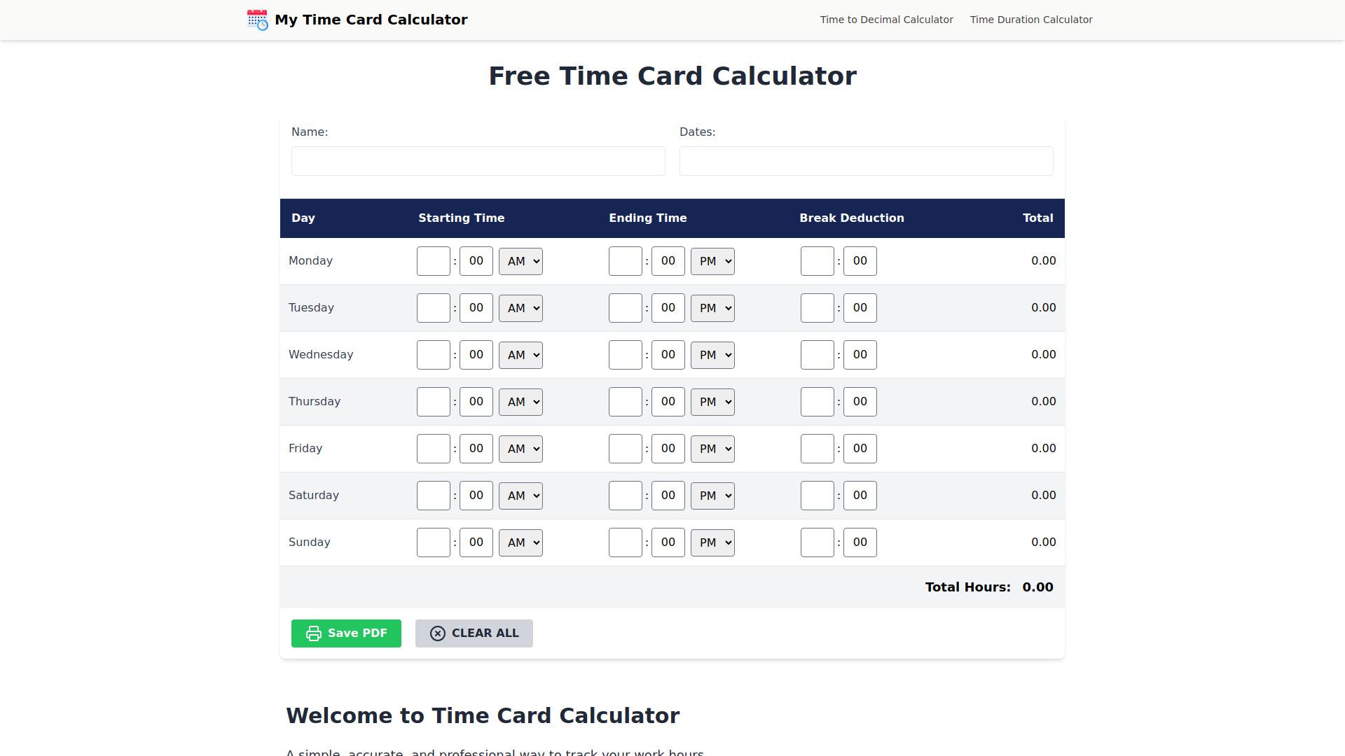 My Time Card Calculator